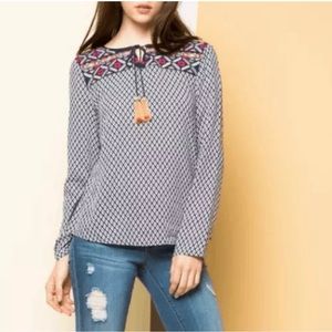 Anthropologie THML Long Sleeved Top Size Small Boho Embroidered Geometric Tassel